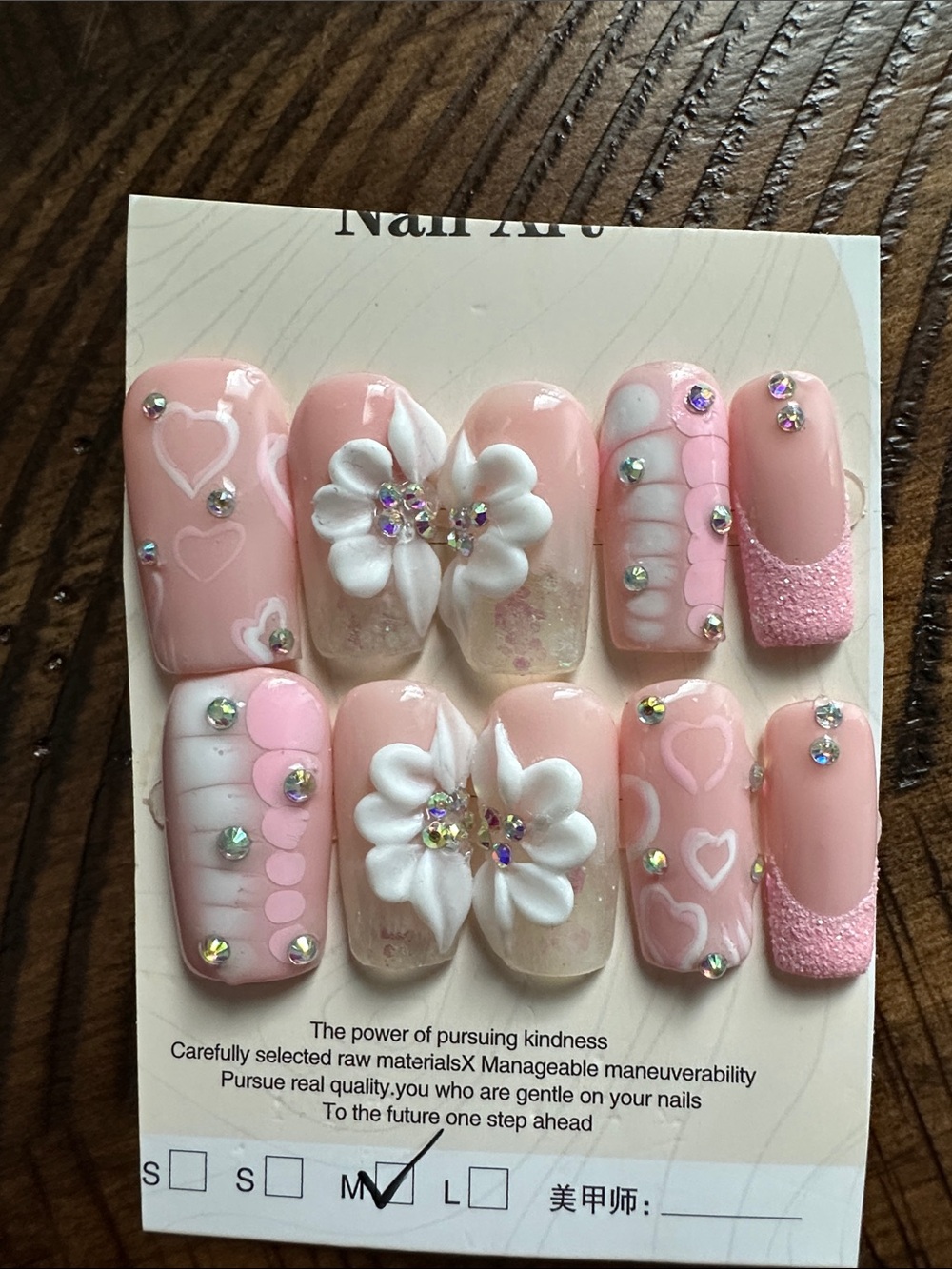 Pink 3D Floral Press-On Nail Set with Rhinestones